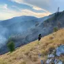 Vigile del fuoco al lavoro per spegnere un incendio