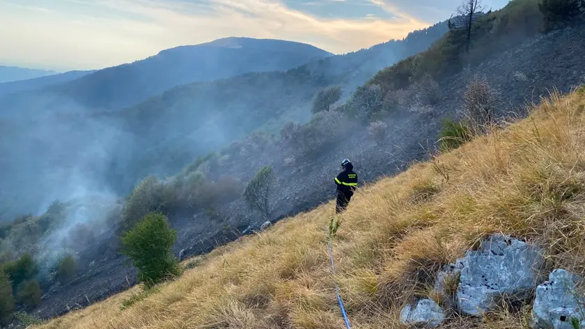 Vigile del fuoco al lavoro per spegnere un incendio