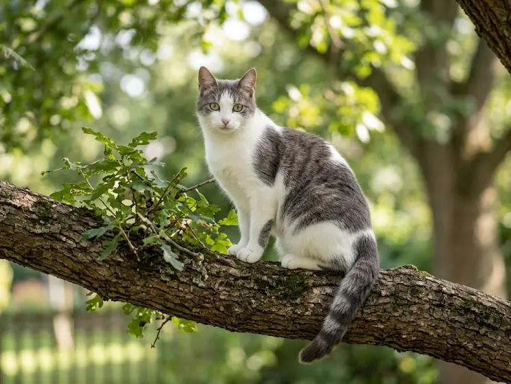 Un gatto di razza europea bianco e grigio, come Koby