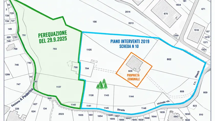 La mappa mostra come, dopo le perequazioni, il poggio dei Tre Pini sia ancora privato