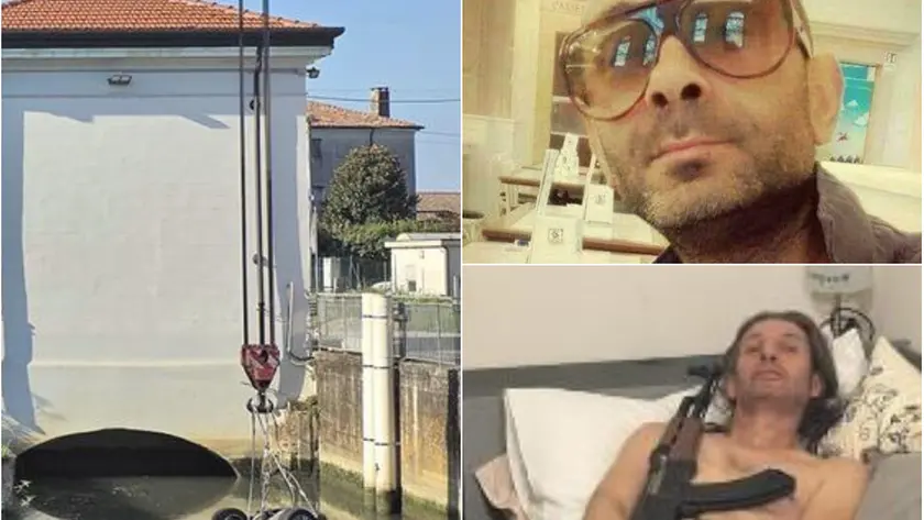 L'auto recuperata nel canale. Sopra a destra Matteo Mandruzzato, sotto Damiano Fuschi con un fucile in uno scatto postato sui social,
