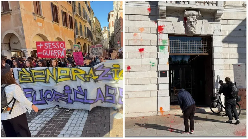 Il corteo in piazza dei Signori e la facciata di Palazzo Giacomelli imbrattata con uova colorate (foto Enrico Colussi/fotofilm)