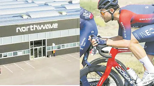 La sede della Northwave a Pederobba e a destra Filippo Ganna, ciclista testimonial di punta dell’azienda, con le scarpe Northwave ai piedi