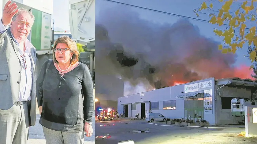 L’imprenditore Roberto Grigolin, il giorno del rogo, a colloquio con la sindaca Vincenza Scarpa, a destra l’ala dello stabilimento della SuperBeton che andò a fuoco nella notte del 26 settembre 2019