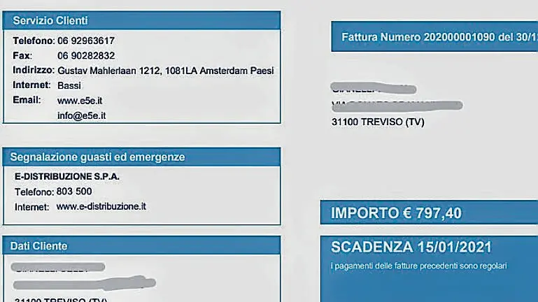 Una copia della fattura per il servizio inviata da E+E prima di sparire