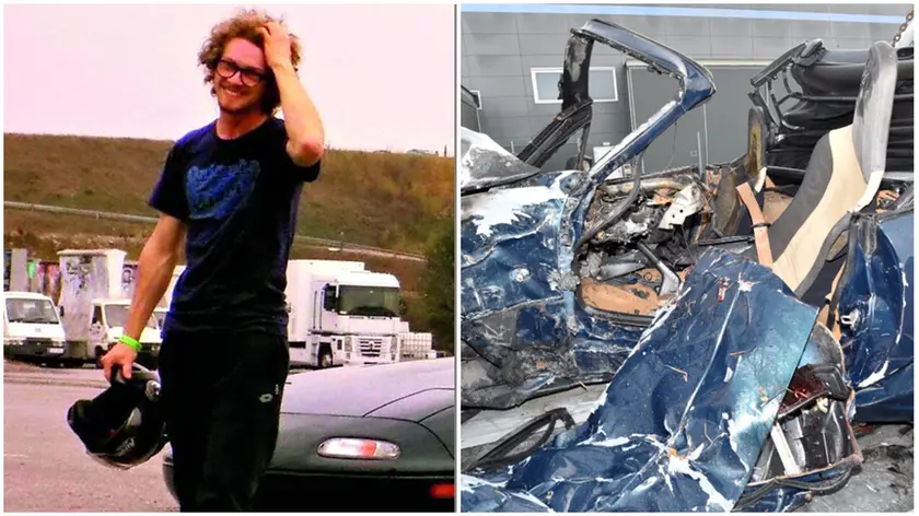 Luca Gazzola e la sua auto distrutta dopo l'incidente