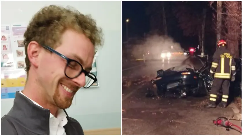 Luca Gazzola, 29 anni, e a fianco la sua auto distrutta