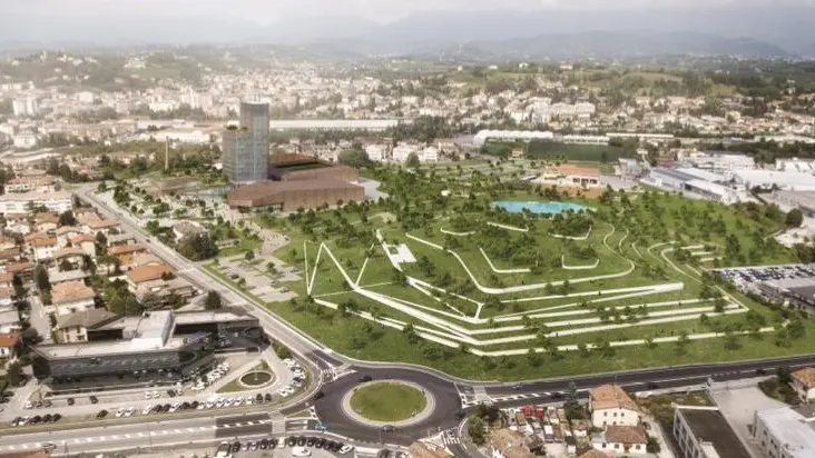 Il rendering della nuova area delle Fosse Tomasi, nel cuore di Conegliano, alla luce del progetto “Parco Prosecco”