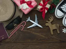 Table top view of Merry Christmas decorations & Happy new year 2019 ornaments concept.Flat lay essential difference objects to travel text & gift box with clothing on modern wooden brown background.