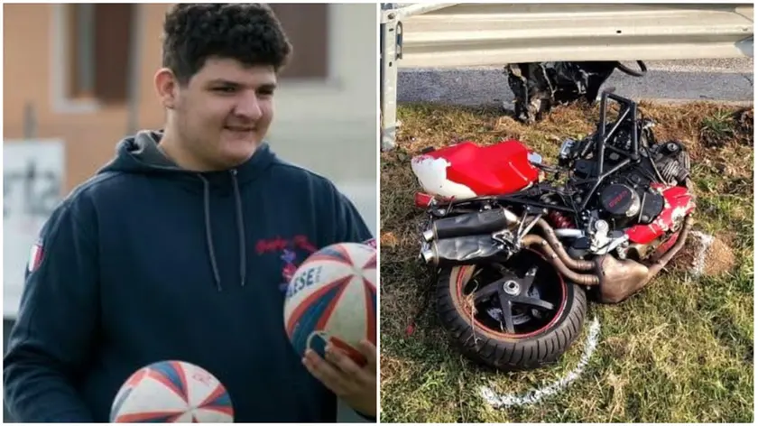 Simone Caico, 18enne morto, e a fianco la sua moto distrutta dopo l'incidente (foto Macca)