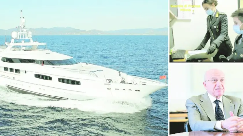 Lo yacht “Blanca” di Paolo Fassa è lungo 52 metri ed è costato quasi 33 milioni di euro: secondo l’accusa è stato acquistato con autoriciclaggio e un giro di fatture false. A destra la Guardia di finanza che ha condotto le indagini, coordinate dal tribunale di Milano. Sotto, l’imprenditore trevigiano ottantenne a capo del colosso dei materiali per l’edilizia