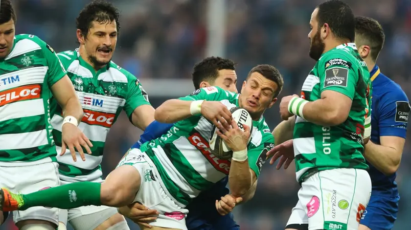 Guinness PRO14, RDS, Dublin 14/4/2018 Leinster vs Benetton Treviso Benetton's Tommaso Iannone tackled by Noel Reid of Leinster Mandatory Credit ©INPHO/James Crombie
