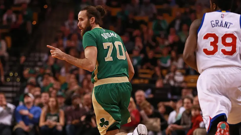 (03/16/2015 Boston, MA) Boston Celtics forward Luigi Datome reacts after his 2nd quarter bucket against the Philadelphia 76ers at TD Garden on Monday, March 16, 2015. Staff Photo by Matt West