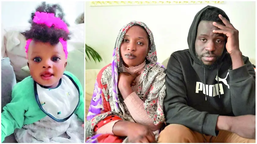 A sinistra la piccola Rokhaya, nella foto grande al centro mamma Awa e papà Lamine