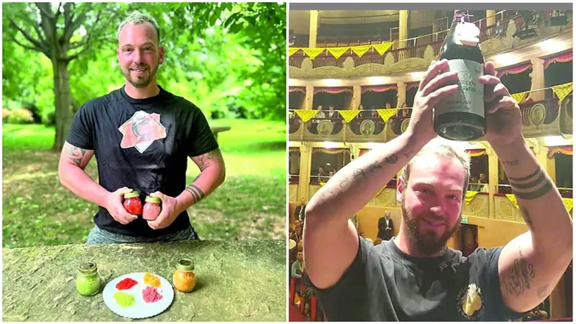 Andrea Bandiera con il suo caviale "veg" e a destra sul palco per la consegna dell'Oscar Green Coldiretti