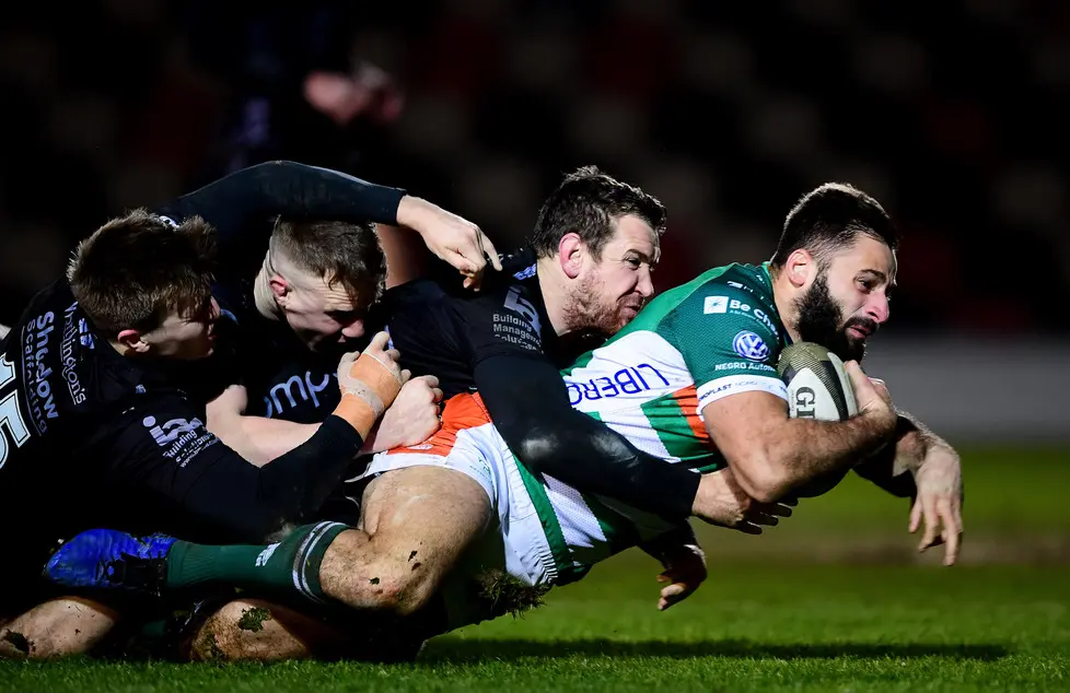 Guinness PRO14, Rodney Parade, Newport, Wales, UK 6/3/2020.Dragons vs Benetton Rugby.Benetton's Angelo Esposito scores a try despite Adam Warren, Jack Dixon and Jared Rosser of Dragons.Mandatory Credit Â©INPHO/Ryan Hiscott