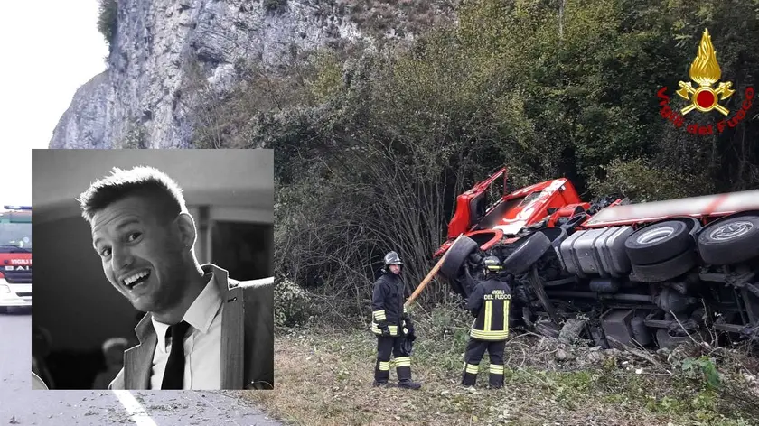 Il camion fuori strada e la vittima Manuel Favaro, 35 anni