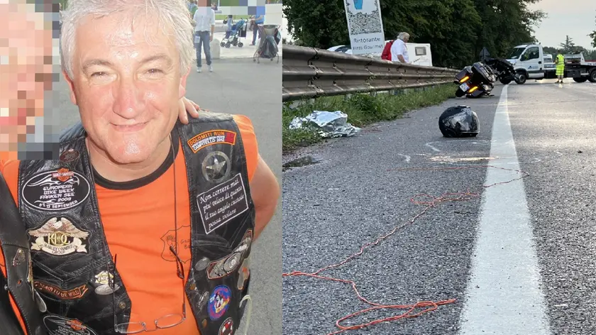 Gastone Feltrin, il motociclista decapitato dal cavo arancione (a destra) perso dal trattore sulla Treviso Mare