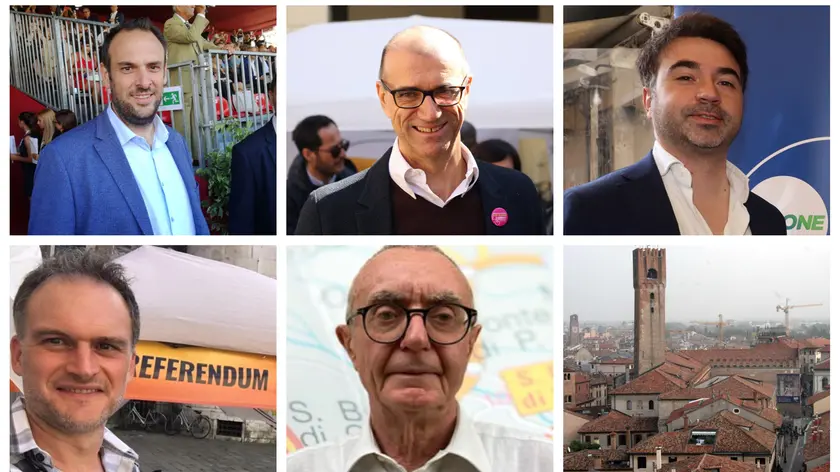 I cinque candidati sindaco per Treviso: dall'alto in senso orario Conte, De Nardi, Rocco, Mestriner, Rancan