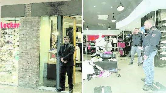 La guardia giurata entrata in servizio al negozio Foot Locker e, a destra, agenti della polizia subito dopo la rapina