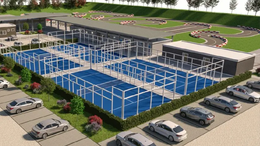 Il rendering del motodromo con campi da padel