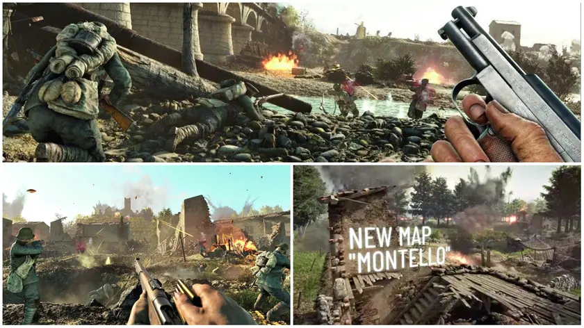 Alcuni frame del videogioco sparatutto ambientato sul Montello e sul fiume Piave tra i borghi del posto, sotto al ponte di Vidor, all’Abbazia di Santa Bona a Vidor e luoghi della memoria