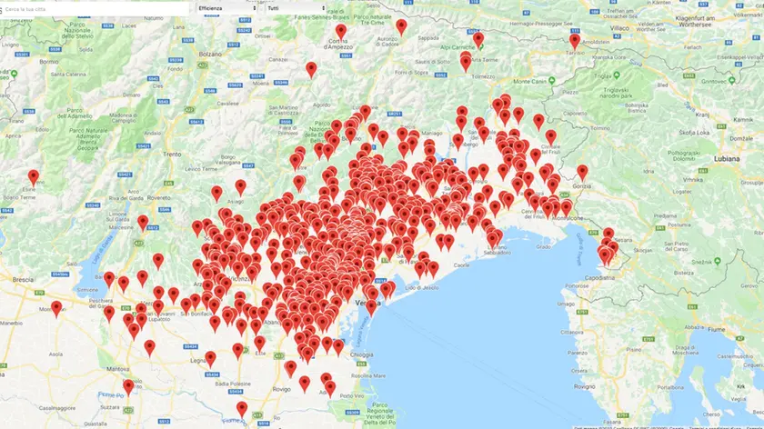 LA MAPPA. Ecco una visualizzazione dei clienti triveneti di Energie Italia, fallita nel 2020