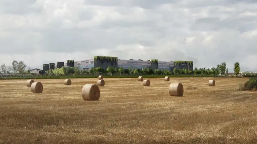 Un rendering di come sarà il nuovo maxi polo logistico Amazon a Roncade