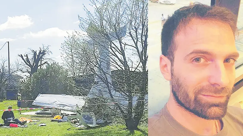 L'aereo precipitato nel giradino della casa a Trevignano, a destra Marco De Gennaro, figlio delle vittime