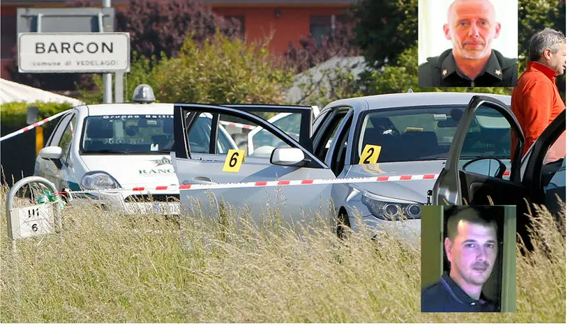 L'auto dei banditi in fuga a Barcon. Sopra il vigilante Zen, sotto la vittima Manuel Major