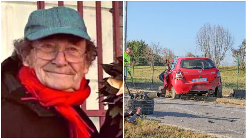 Sergio Piva e la sua auto distrutta dopo lo schianto (foto Macca)