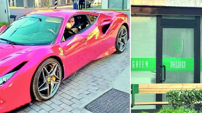 Tommaso Giuliano alla guida della sua Ferrari e la sede della Green Project Agency