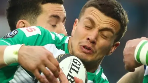 Guinness PRO14, RDS, Dublin 14/4/2018.Leinster vs Benetton Treviso.Benetton's Tommaso Iannone tackled by Noel Reid of Leinster.Mandatory Credit ©INPHO/James Crombie
