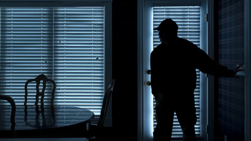 This photo illustrates a home break in at night through a back door from inside the residence.
