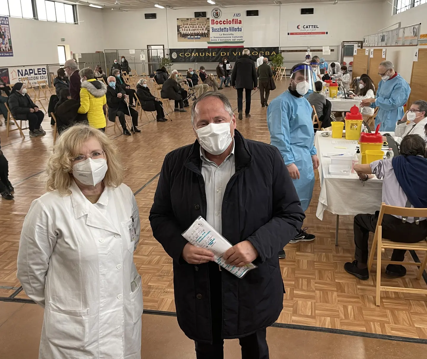 DE POLO AG.FOTOFILM VILLORBA CONFERENZA STAMPA DOTT. BENAZZI PER ANZIANI PRIMI VACCINATI AL BOCCIODROMO